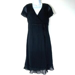 Vintage Womens Y2K Silk Coquette Midi Dress Size 6 Polka Dot Chiffon Black Bow